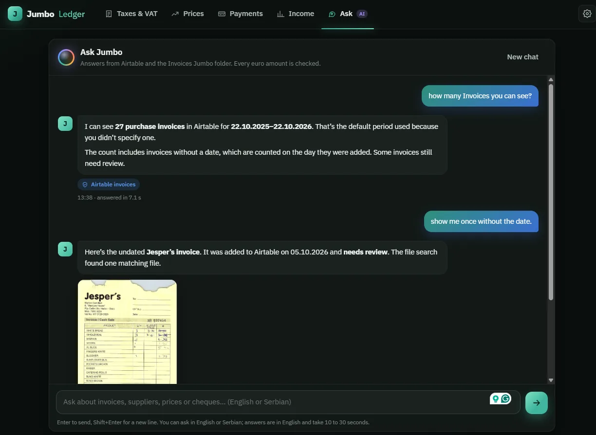 Ask Jumbo chat answering how many invoices it can see and showing an invoice without a date